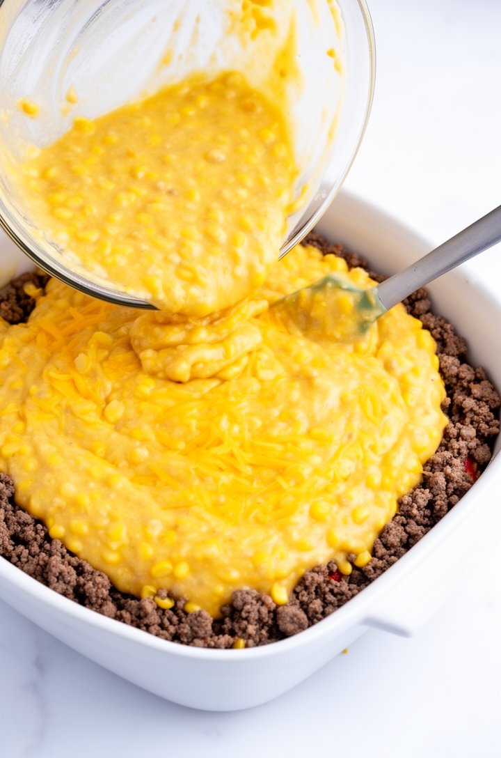 Close-up overhead shot of cornbread batter being poured from a large glass mixing bowl over the beef filling in a white casserole dish. The batter is thick and golden-yellow with visible corn kernels 