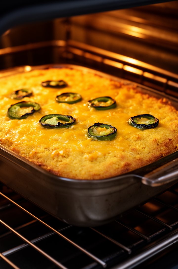Side-angle shot of tamale pie baking in the oven, golden-brown cornbread topping with melted cheddar cheese bubbling on the surface, jalapeño rings scattered on top turning slightly charred. Warm ambe