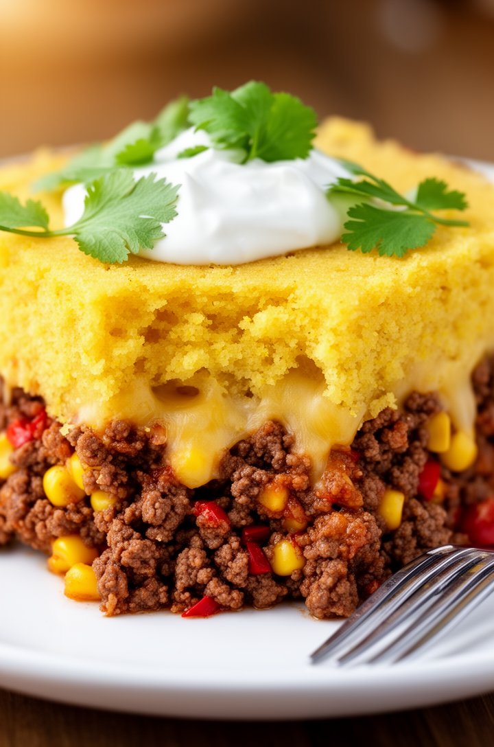 Extreme close-up macro shot of a single slice of tamale pie on a white ceramic plate, showing the distinct layers in cross-section: spiced ground beef with corn and red pepper on the bottom, thick gol