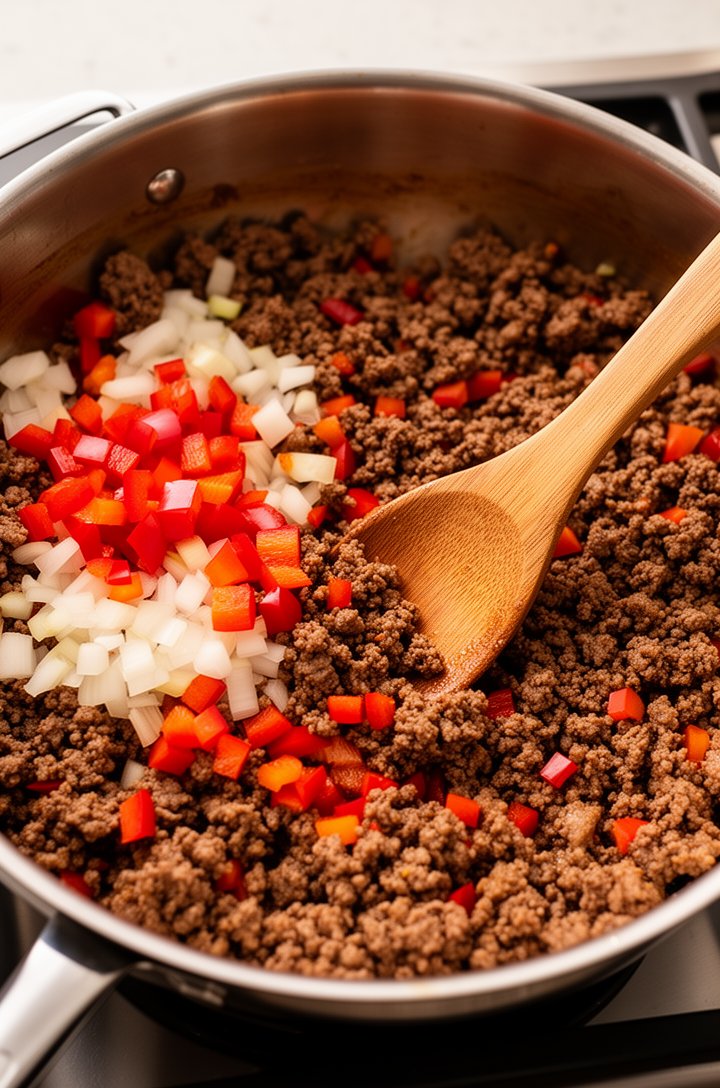 Overhead shot of seasoned ground beef browning in a large stainless steel skillet with diced onions and red bell pepper just added, wooden spoon stirring the mixture, raw meat transitioning to brown with vegetables still bright and crisp, warm stovetop lighting, clean light countertop visible at edges