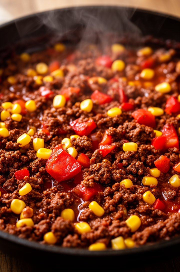 Close-up of the finished beef filling simmering in the skillet, dark reddish-brown from chili powder and cumin, studded with yellow corn kernels, diced red pepper, and chunks of fire-roasted tomato, thick and saucy consistency, steam rising, warm overhead lighting
