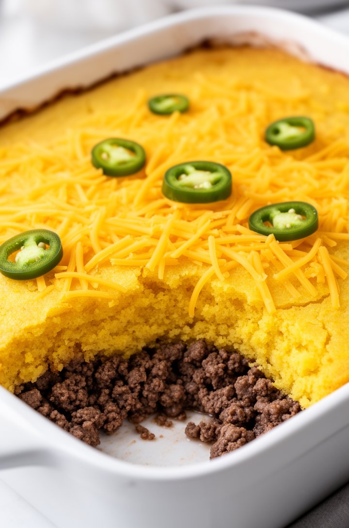 45-degree angle shot of the assembled casserole before baking: golden-yellow cornbread batter spread evenly over the beef filling in a white rectangular casserole dish, half cup of shredded sharp cheddar and sliced jalapeño rings scattered on top, ready for the oven, bright natural kitchen lighting
