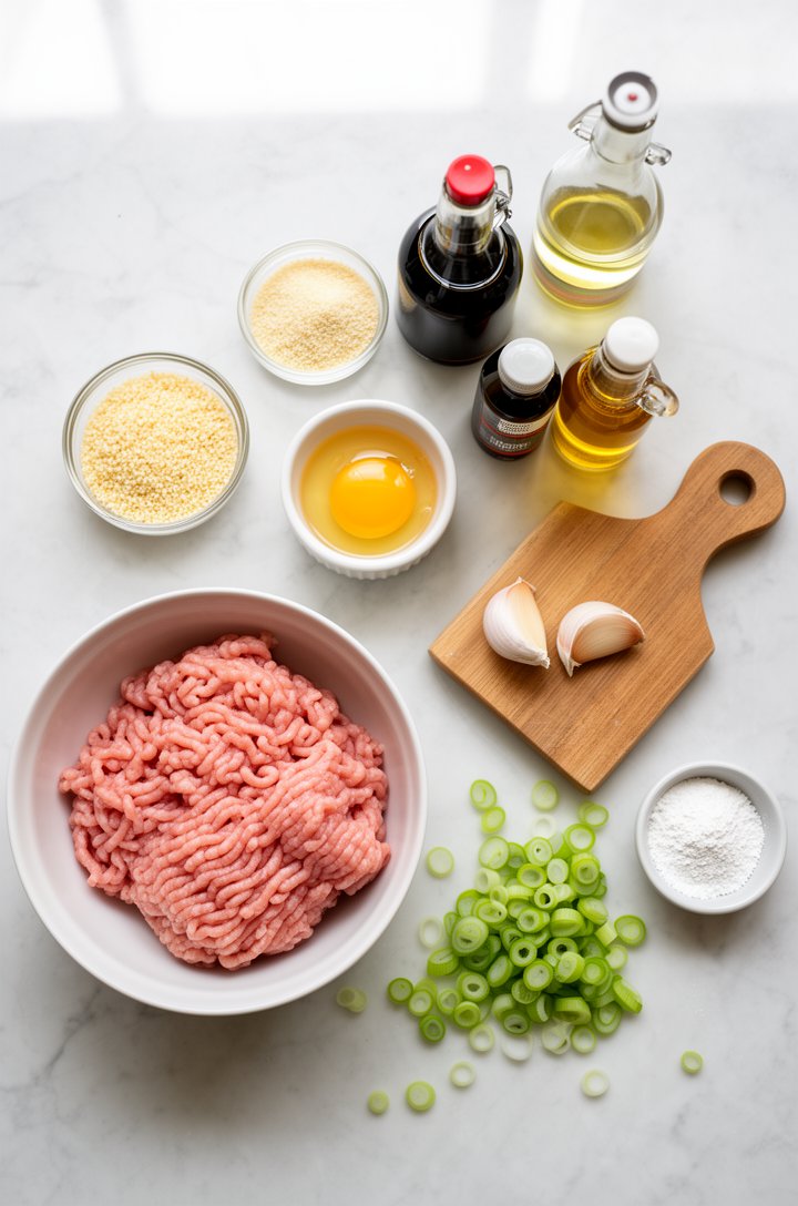 Overhead flat-lay of teriyaki chicken meatball ingredients arranged on a light marble countertop — a bowl of raw ground chicken, a small dish of panko breadcrumbs, a cracked egg in a ramekin, a halved