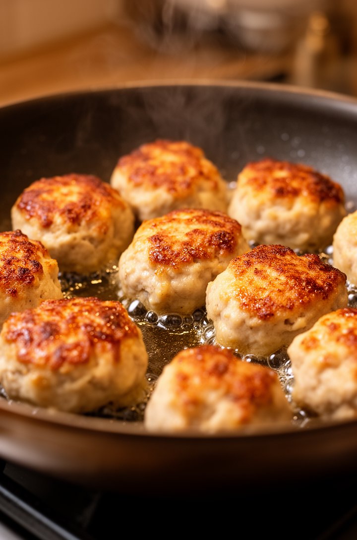 Close-up side-angle shot of golden-brown chicken meatballs being pan-fried in a large dark skillet, showing the caramelized crust forming on the bottom of each meatball, oil shimmering around them, so