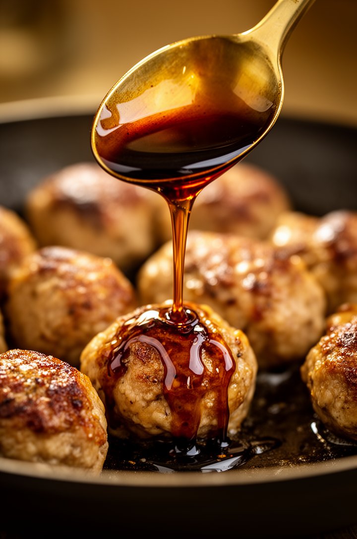 Dramatic close-up of teriyaki sauce being poured from a spoon over chicken meatballs in a skillet, the glossy dark amber sauce drizzling down over the browned meatballs, thick and syrupy consistency v