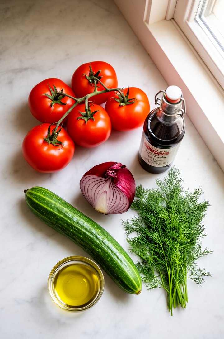 Overhead flat-lay of whole ripe red tomatoes on the vine, a long English cucumber, half a red onion, a small glass bowl of olive oil, a bottle of red wine vinegar, and fresh dill sprigs arranged on a 