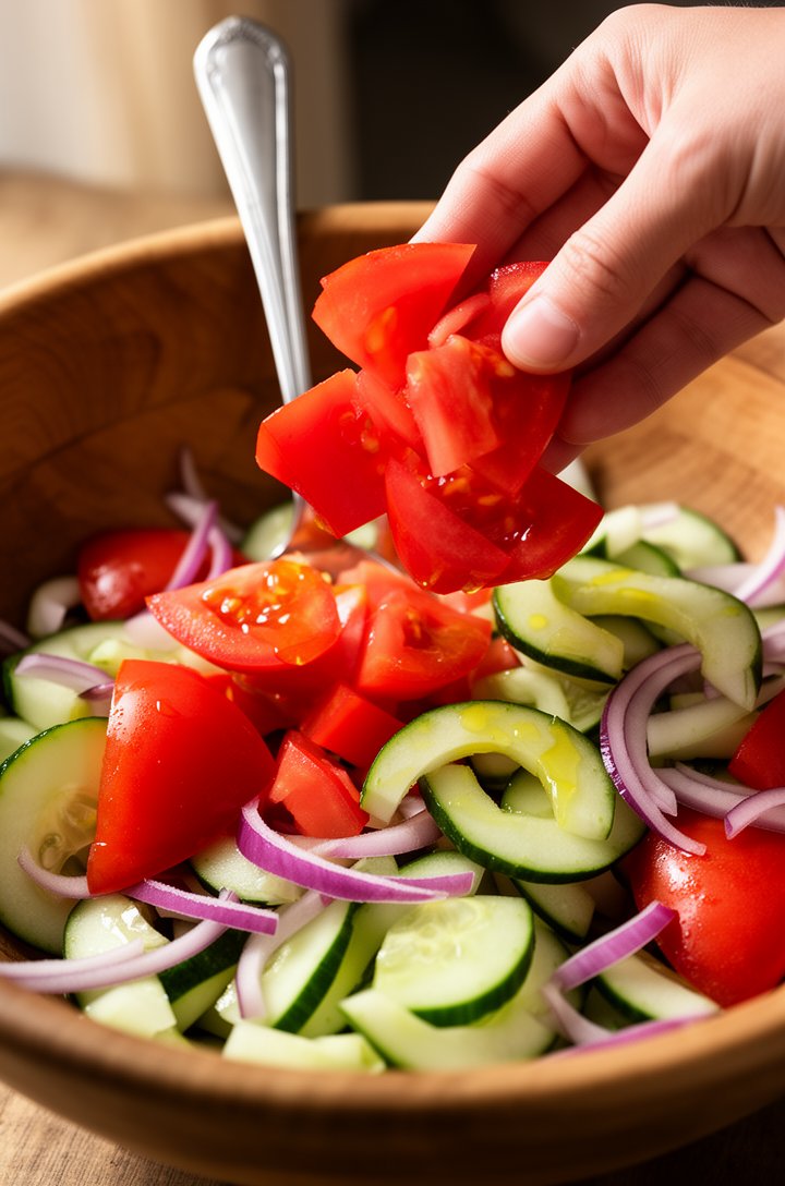Close-up 45-degree angle of a hand tossing chunky bright red tomato wedges and pale green cucumber half-moons in a large wooden bowl, olive oil visibly glistening on the vegetable surfaces, thin purpl