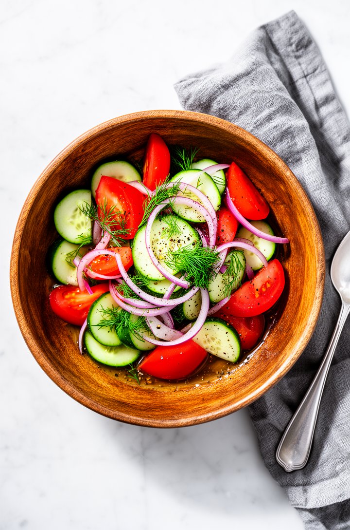 Overhead shot looking straight down into a rustic wooden bowl filled with finished tomato cucumber salad, vibrant red tomato wedges and green cucumber slices with purple onion rings and chopped fresh 