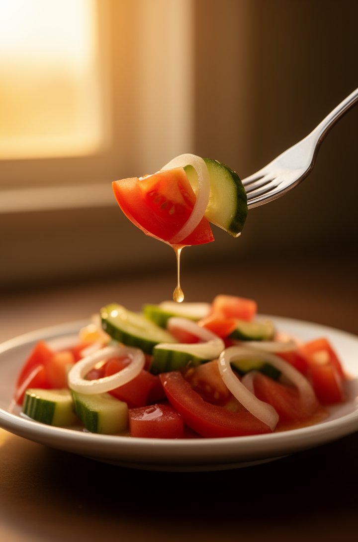 Side-angle close-up of a single serving of tomato cucumber salad on a small white plate, a fork lifting a tomato wedge with a cucumber slice and onion ring, dressing dripping from the fork, shallow de
