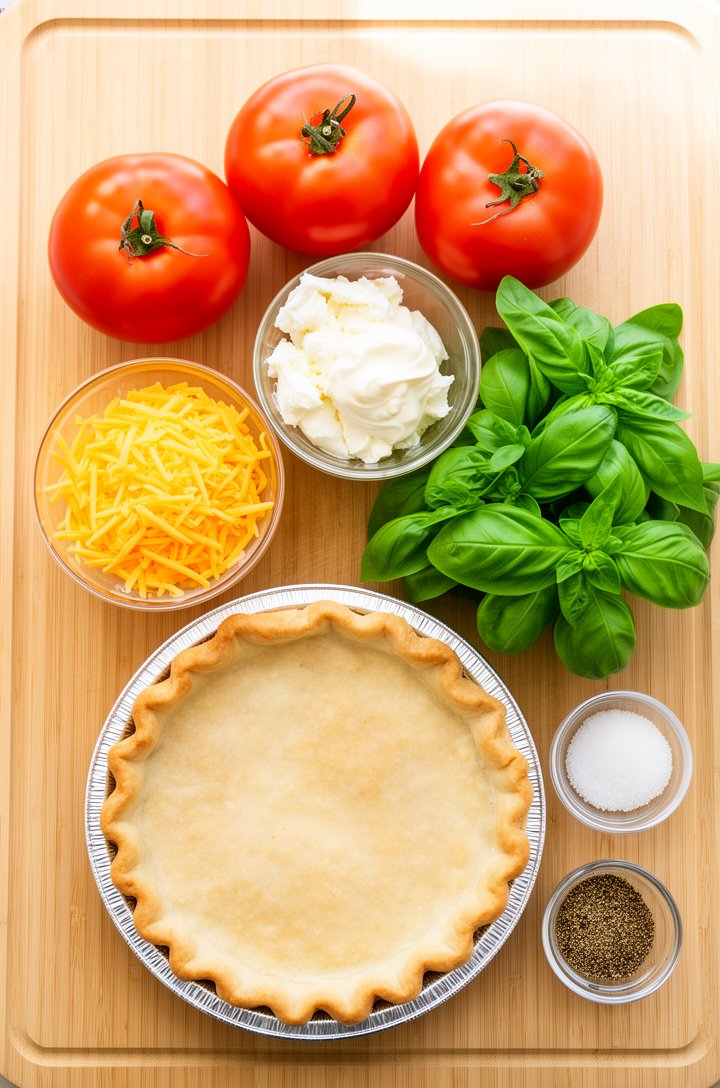 Overhead flat-lay of recipe ingredients arranged on a light wooden cutting board — three large ripe red tomatoes, a mound of shredded golden cheddar and white mozzarella in separate glass bowls, a sma