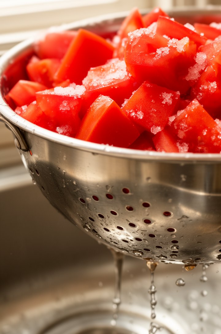 Close-up side-angle shot of chunked ripe red tomatoes sitting in a metal colander, glistening with salt crystals visible on their surface, liquid dripping through the colander holes into the sink belo