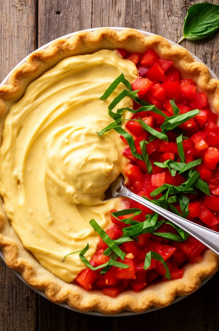 Overhead shot looking down into a 9-inch deep dish pie shell filled with chunked red tomatoes dotted with bright green basil chiffonade ribbons, the creamy golden mayo-cheese mixture being spooned and