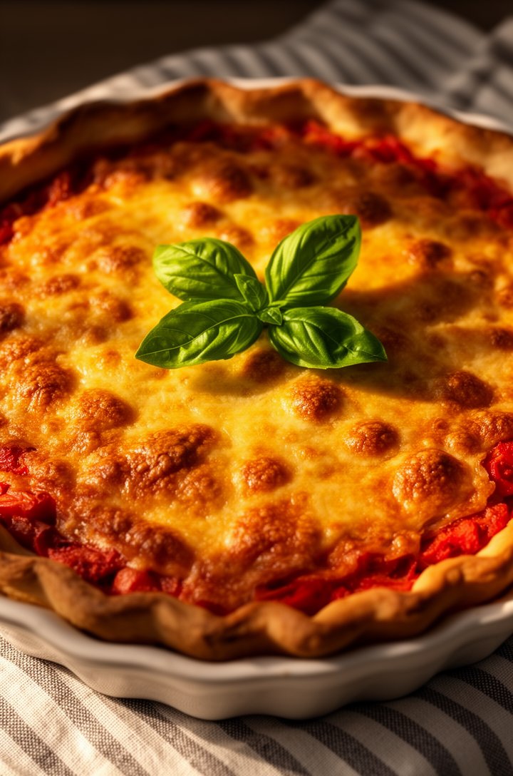 Close-up front-facing shot of a whole baked Southern tomato pie in its pie dish, the top deeply golden brown with bubbly caramelized cheese spots, a few areas where the red tomato filling peeks throug