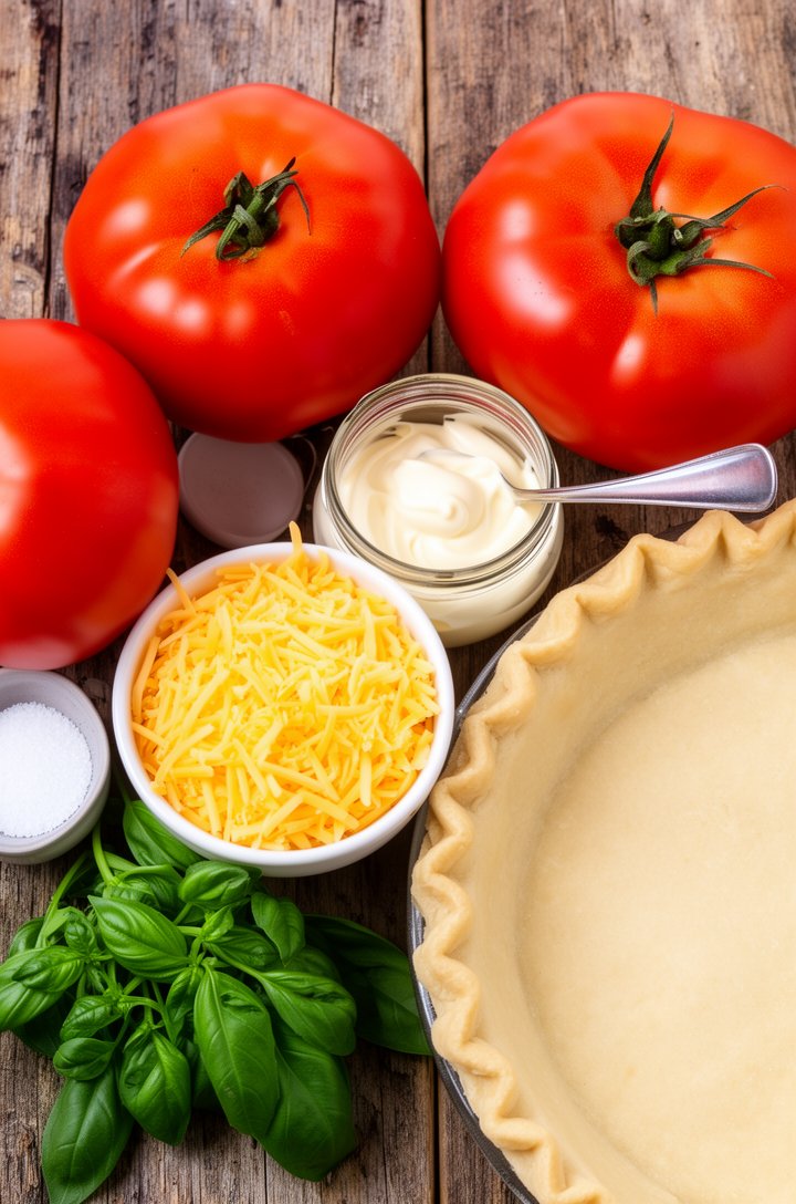 Overhead flat-lay of all tomato pie ingredients arranged on a rustic wooden surface — three large ripe beefsteak tomatoes, shredded sharp cheddar in a white ramekin, shredded mozzarella in another, a jar of mayonnaise with a spoon, a frozen deep dish pie shell, a bunch of fresh basil, kosher salt in a small pinch bowl. Bright even natural lighting from above, organized and colorful, professional food styling