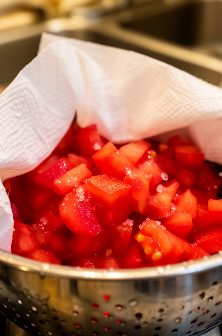 Close-up of chopped ripe red tomato chunks sitting in a stainless steel colander with visible moisture and salt crystals on their surface, a wadded paper towel pressing down on the tomatoes from above to absorb liquid. Kitchen sink slightly blurred in background, warm side lighting, water droplets glistening on the red tomato flesh