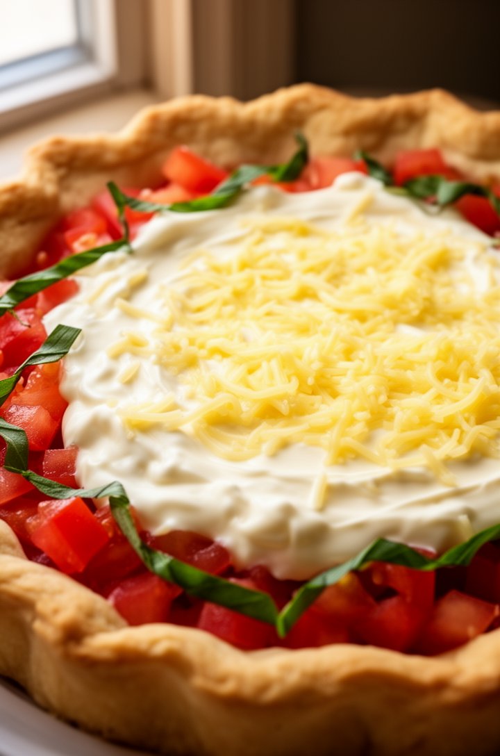 Overhead shot of the assembled unbaked pie — drained tomato chunks and green basil ribbons filling the pre-baked crust, the creamy white-and-yellow mayo-cheese mixture spread thickly and evenly across the top surface. Golden pie crust edges framing the filling, warm natural light from a window to the left