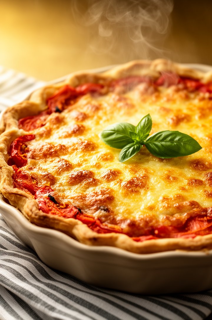 Side-angle close-up of the just-baked tomato pie still in its dish, the cheese topping deeply golden brown with irregular bubbly spots and slight caramelized edges. A thin wisp of steam rising from the surface, fresh basil garnish on top. Warm golden lighting, striped kitchen towel underneath, shallow depth of field