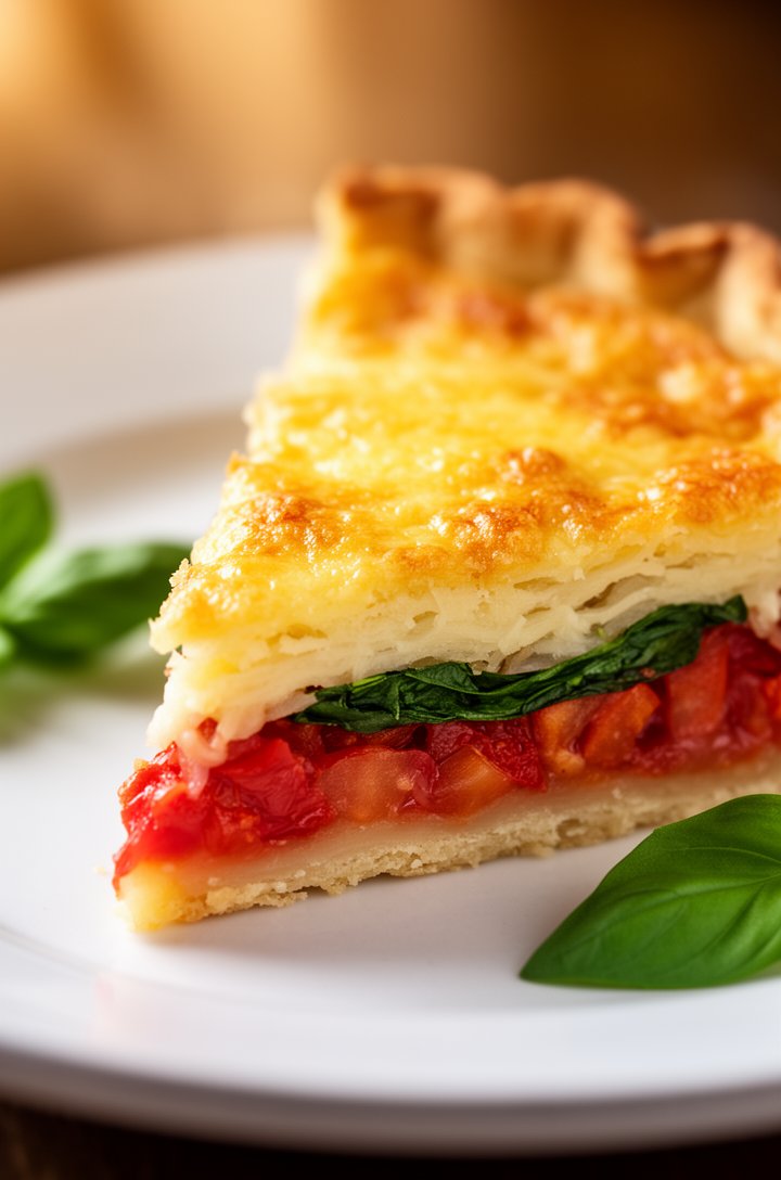 Close-up macro shot of a single triangular slice of tomato pie on a white ceramic plate, cut edge facing the camera showing distinct layers — flaky golden crust at the bottom, juicy red tomato chunks and green basil in the middle, thick golden-brown bubbly cheese topping on top. A fresh basil leaf garnish on the plate. Warm side lighting, soft focus on the plate edge, shallow depth of field with creamy bokeh background