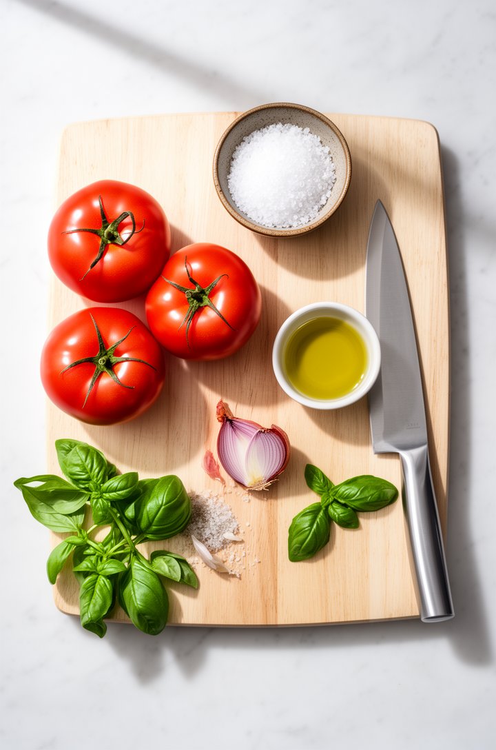 Overhead flat-lay of four whole ripe red tomatoes on a light wooden cutting board next to a small bowl of flaky sea salt, a ramekin of golden olive oil, a halved shallot, fresh basil sprigs, and a sha