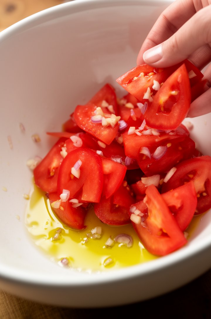 Close-up 45-degree angle shot of red tomato wedges being gently tossed in a large white ceramic bowl, golden olive oil glistening on the cut surfaces, tiny minced shallot and garlic pieces visible cli
