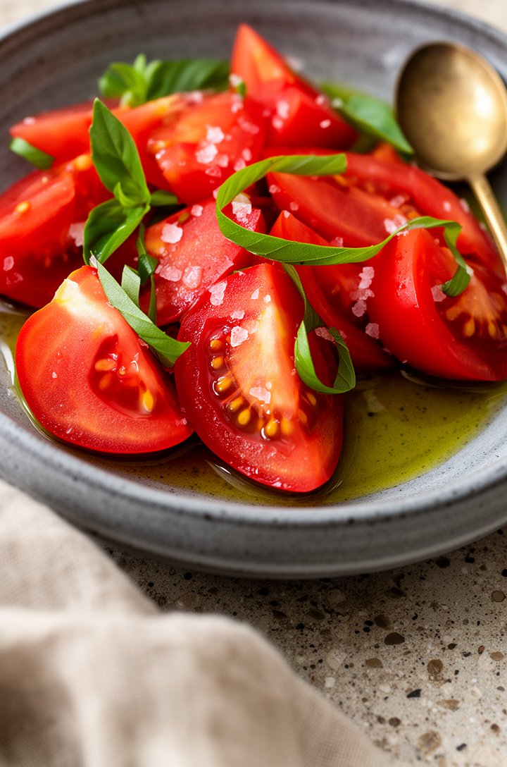 Extreme close-up macro shot of tomato salad in a rustic grey stoneware bowl from a 45-degree angle, glistening red tomato wedges coated in olive oil with visible seeds, bright green basil ribbons scat