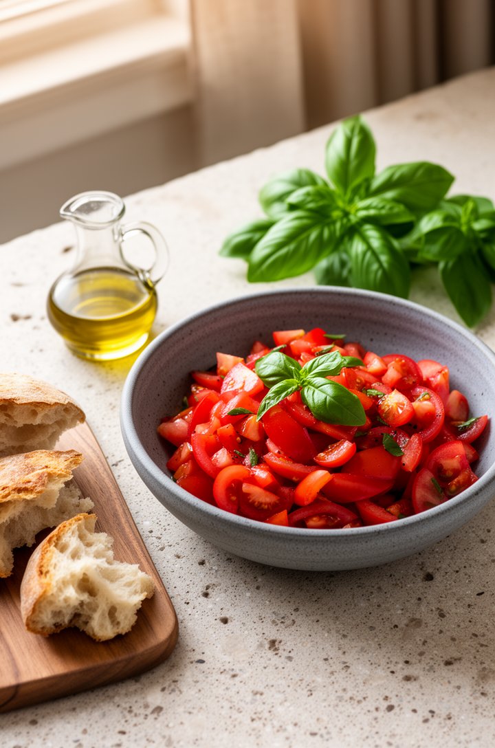 Wide 45-degree shot of the finished tomato salad served in a grey stoneware bowl on a light speckled stone surface, accompanied by torn crusty bread pieces on a small wooden board to the left, a drizz