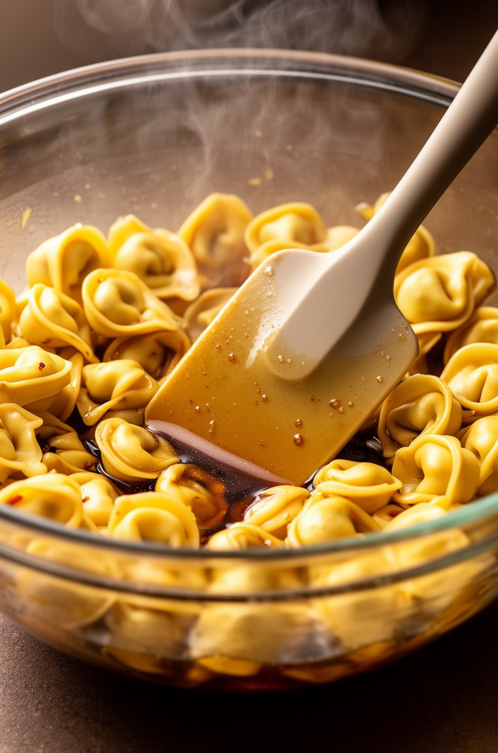 Close-up 45-degree angle shot of golden cheese tortellini in a large glass mixing bowl being gently tossed with a silicone spatula, glossy honey balsamic dressing coating the warm pasta with a visible
