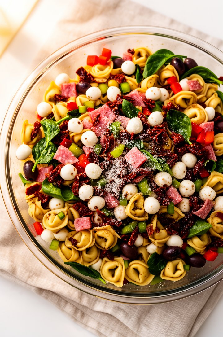 Extreme close-up overhead shot of the fully assembled tortellini pasta salad in a large clear glass serving bowl, showing the colorful mix of golden tortellini, white mozzarella pearls, dark chopped s