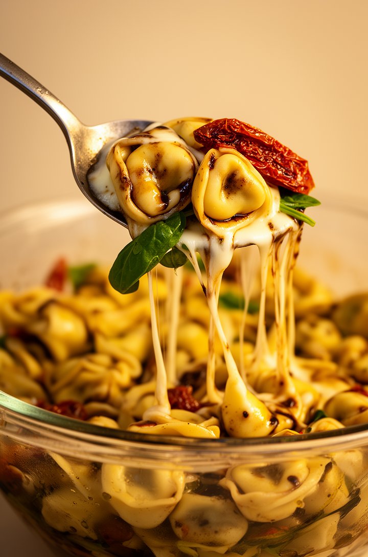 Side-angle close-up of a large serving spoon lifting a generous portion of tortellini pasta salad from the glass bowl, showing the glistening balsamic-coated tortellini with strings of melted mozzarel
