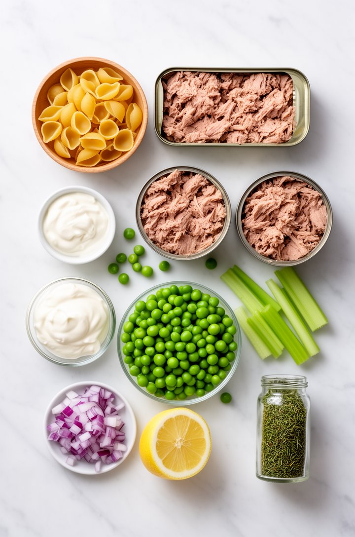 Overhead flat-lay of all ingredients arranged on a white marble surface — a small wooden bowl of shell pasta, two opened tuna cans with flaked tuna visible, a ramekin of mayonnaise, a small glass bowl