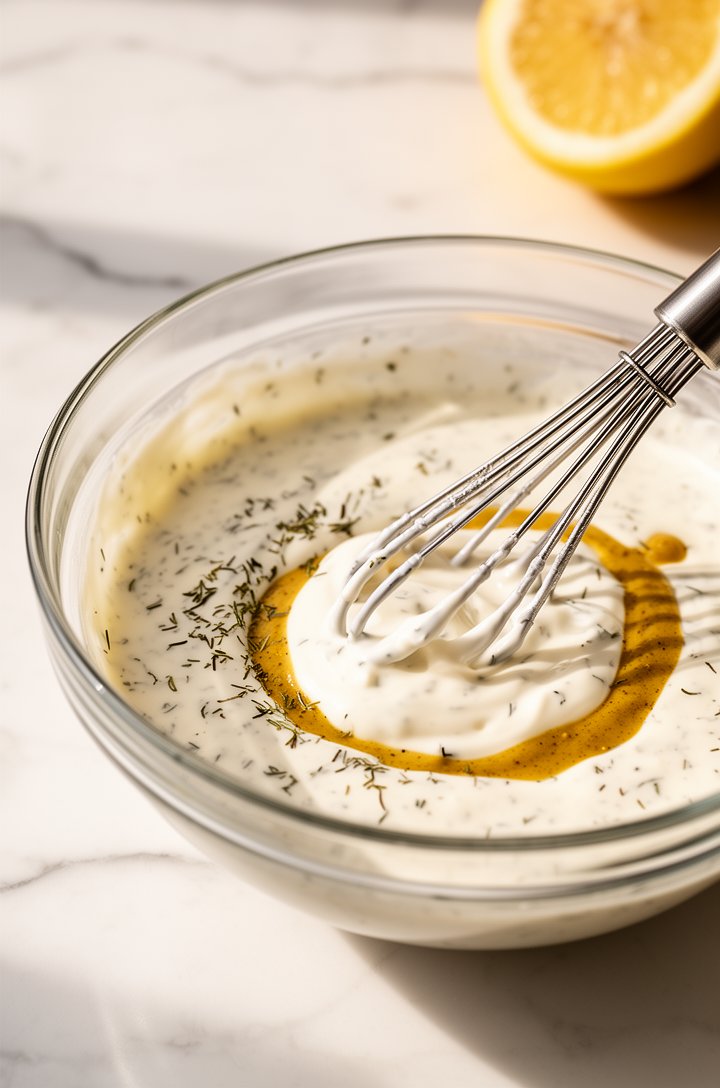 Close-up 45-degree angle shot of a glass mixing bowl with creamy dressing being whisked — white mayonnaise and Greek yogurt blending together with visible specks of dried dill and a streak of Dijon mu