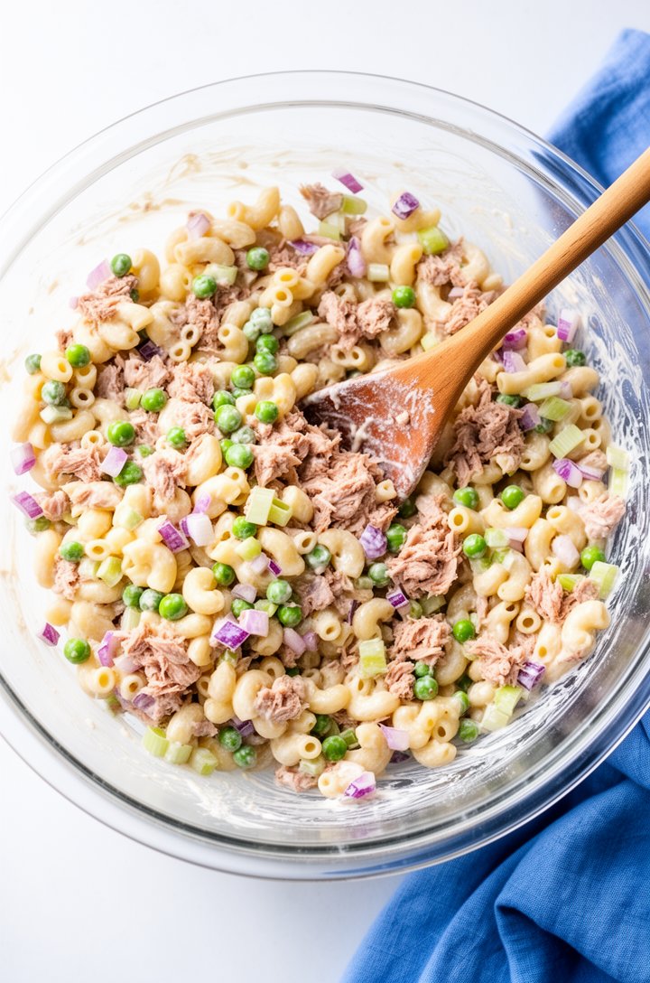 Overhead shot of a large clear glass bowl filled with tuna pasta salad being tossed with a wooden spoon — small shell pasta coated in creamy dressing, visible flaked tuna pieces, bright green peas, pu