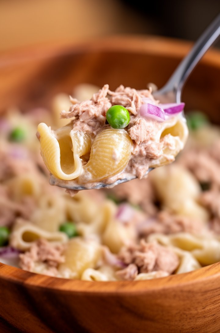 Extreme close-up macro shot of a spoonful of tuna pasta salad being lifted from a warm wooden bowl, individual shell pasta pieces visible with creamy dressing clinging to their curves, a bright green 