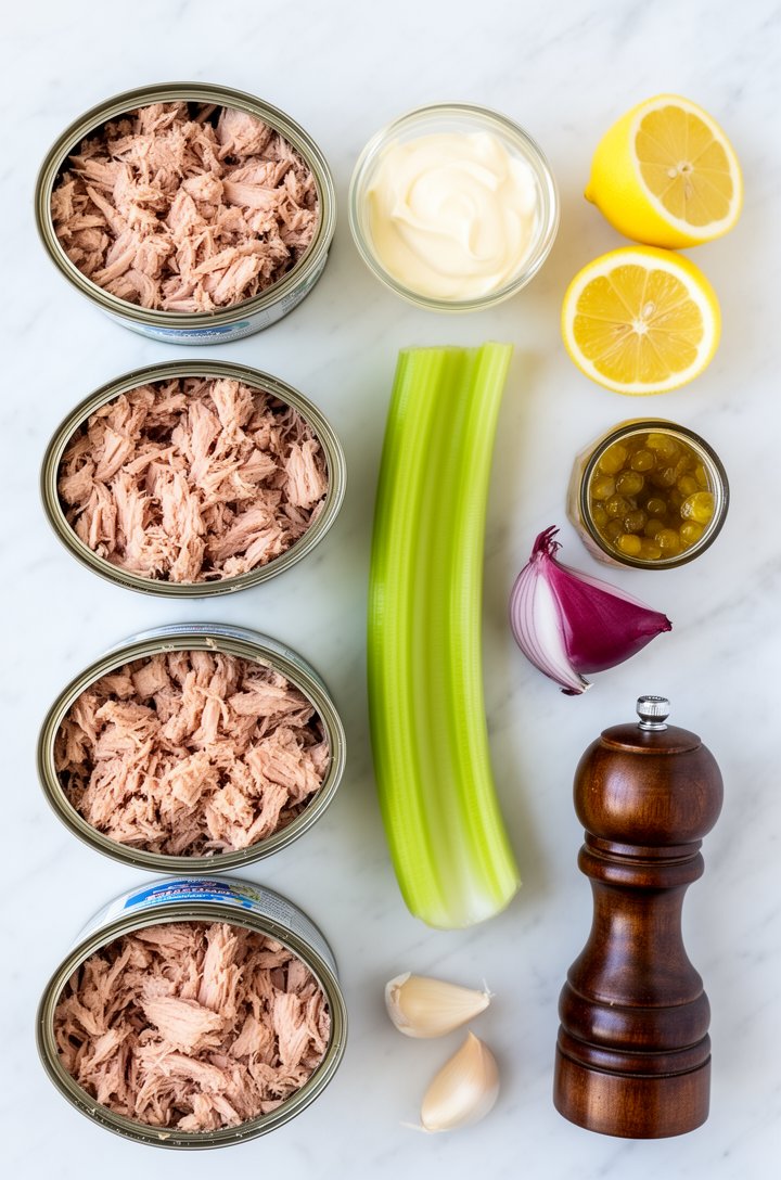 Overhead flat-lay of tuna salad ingredients arranged on a white marble surface — four opened cans of drained tuna in a row, a small glass bowl of mayonnaise, a whole lemon cut in half, a rib of celery