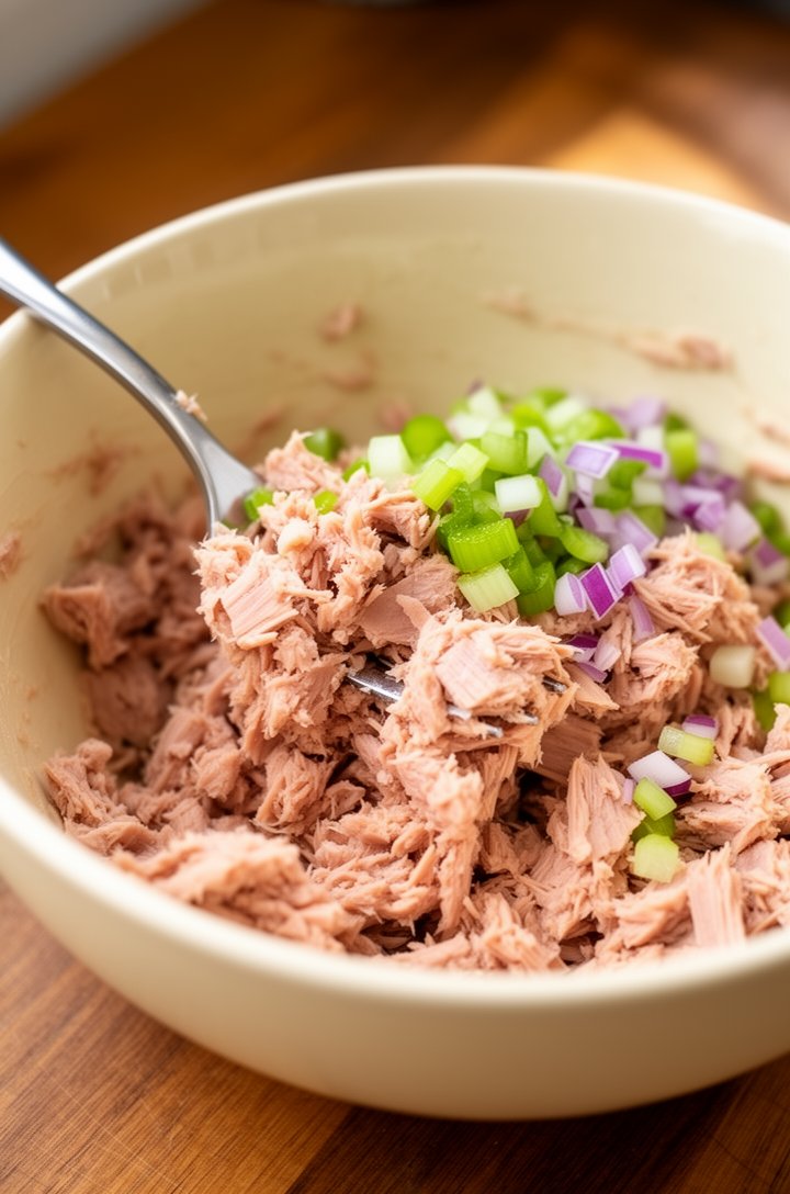 Close-up 45-degree angle shot of a fork flaking and mixing drained tuna in a cream-colored ceramic mixing bowl, chunks of pale pink tuna being broken apart, small pieces of finely diced green celery a