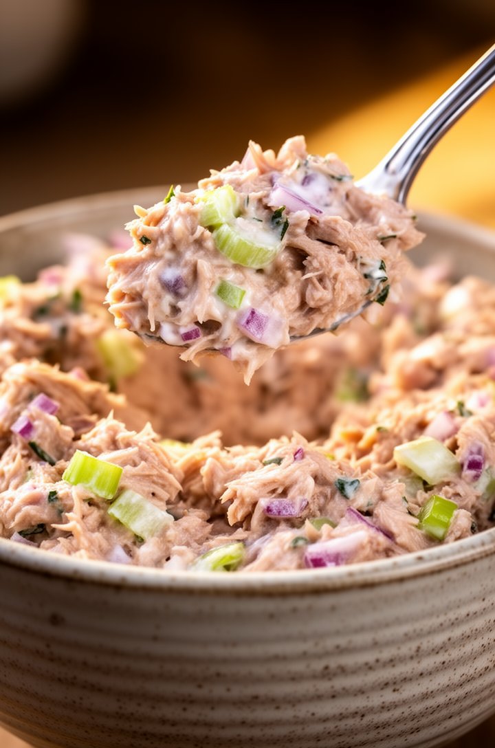 Extreme close-up side-angle shot of creamy tuna salad being scooped with a spoon from a speckled ceramic bowl, showing the chunky texture with visible celery pieces, red onion flecks, and herbs throug