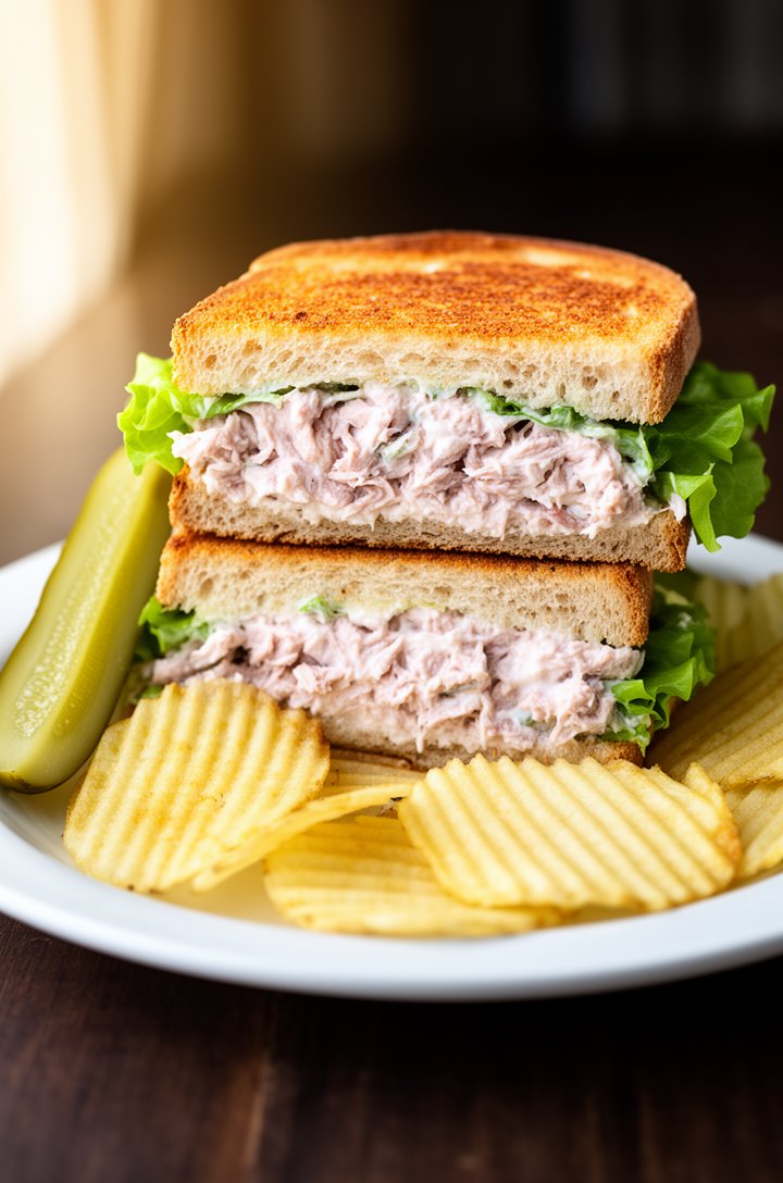 Front-facing close-up of a tuna salad sandwich cut in half and stacked on a white plate, showing the thick creamy filling with visible chunks between two slices of golden toasted sourdough bread, gree