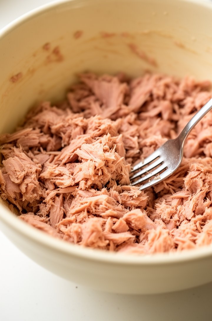 Close-up 45-degree shot of drained tuna being flaked apart with a fork in a large cream-colored mixing bowl, the tuna broken into rough chunks with some finer shreds, light pink and white tuna pieces clearly visible, warm kitchen lighting from the side, clean white countertop background