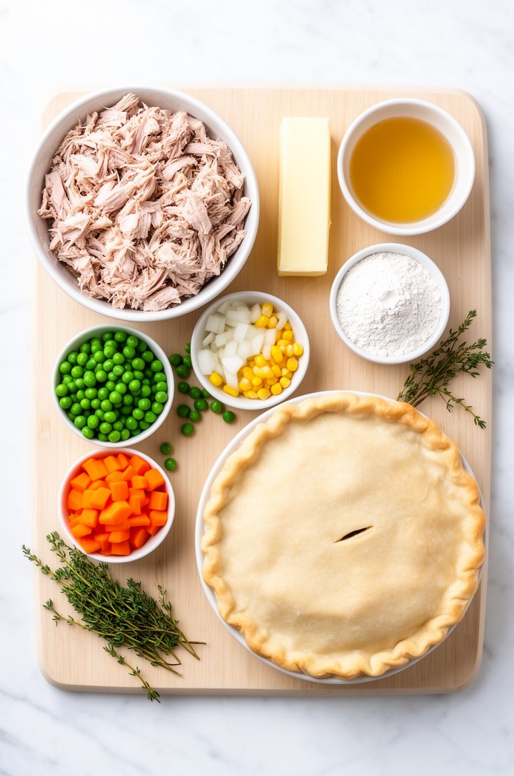 Overhead flat-lay of turkey pot pie ingredients arranged on a light wooden cutting board and white marble surface — a bowl of chopped cooked turkey, small bowls of bright green peas and orange diced c