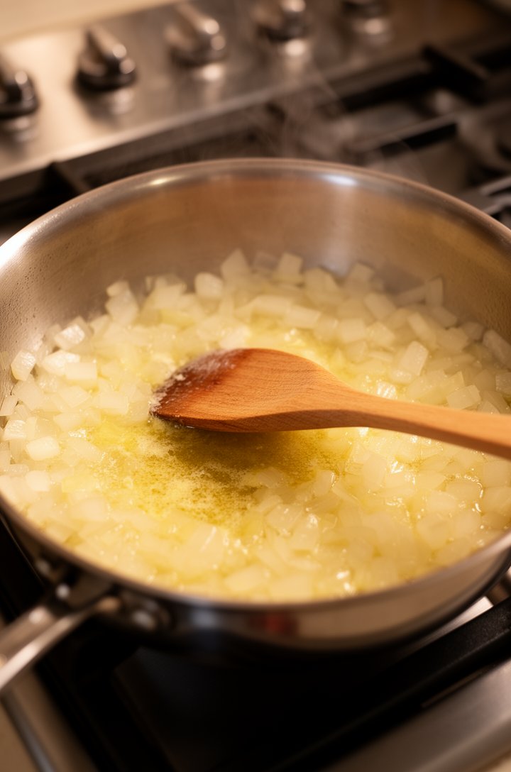 Close-up 45-degree angle of a medium saucepan on a gas stovetop, melted butter with softened translucent diced onion pieces cooking in the pan, a wooden spoon resting in the mixture, warm kitchen ligh