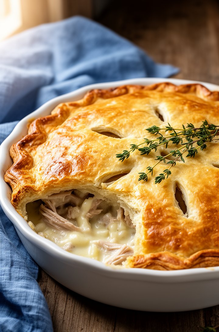 Side-angle shot at 30 degrees of a whole golden-brown turkey pot pie in a white ceramic pie dish, fresh from the oven. The top crust is deeply golden with visible flaky layers and a beautiful egg wash