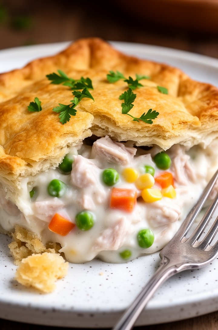 Extreme close-up macro food photography of a single slice of turkey pot pie on a white speckled ceramic plate, filling 90% of the frame. The flaky golden crust is broken open revealing thick creamy wh