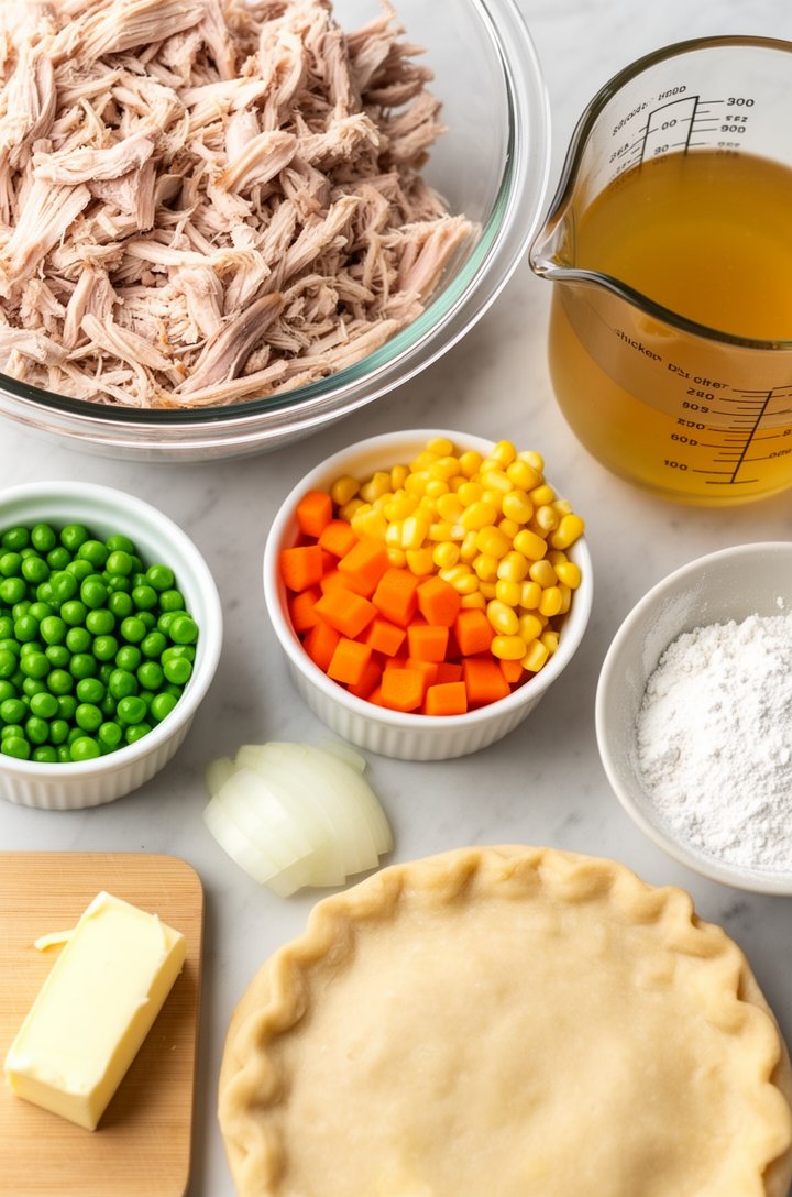 Overhead flat-lay shot of all turkey pot pie ingredients arranged neatly on a light marble surface — a glass bowl of chopped cooked turkey, small white ramekins containing bright green peas, diced orange carrots, yellow corn kernels, a diced onion on a small cutting board, a stick of butter, a measuring cup of golden chicken broth, a small bowl of flour, and a rolled-out pie dough circle. Bright, even natural lighting from a large window, clean minimal styling, professional food blog photography