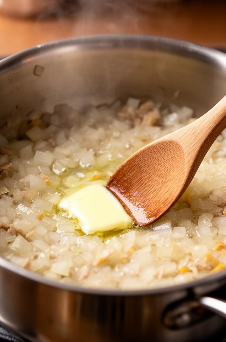 Close-up 45-degree angle of melted butter and softened translucent diced onion cooking in a stainless steel saucepan, wooden spoon stirring through the mixture, slight golden edges on the onion pieces, warm ambient kitchen lighting with soft steam rising, shallow depth of field