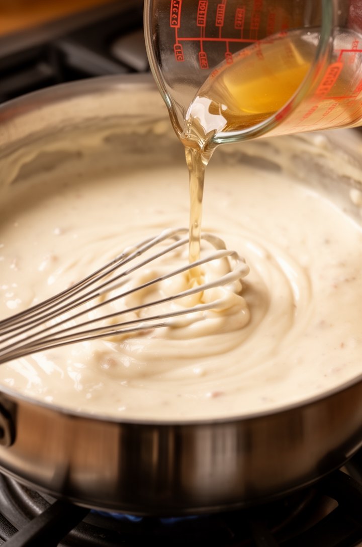 Close-up overhead shot of thick creamy roux in a saucepan — a whisk pulling through smooth, glossy white gravy as chicken broth is being poured in from a measuring cup, the sauce thickening visibly, warm side lighting highlighting the silky texture, stainless steel pan on a gas burner