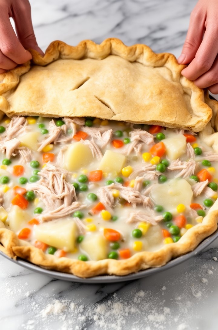 Overhead shot of a 9-inch pie plate lined with bottom crust, filled with creamy turkey and vegetable filling — visible chunks of turkey, green peas, orange carrots, corn, and potato in thick white gravy. The top crust is being placed over the filling, hands pinching the edges to seal. Marble countertop, bright natural lighting, flour dusted on the surface