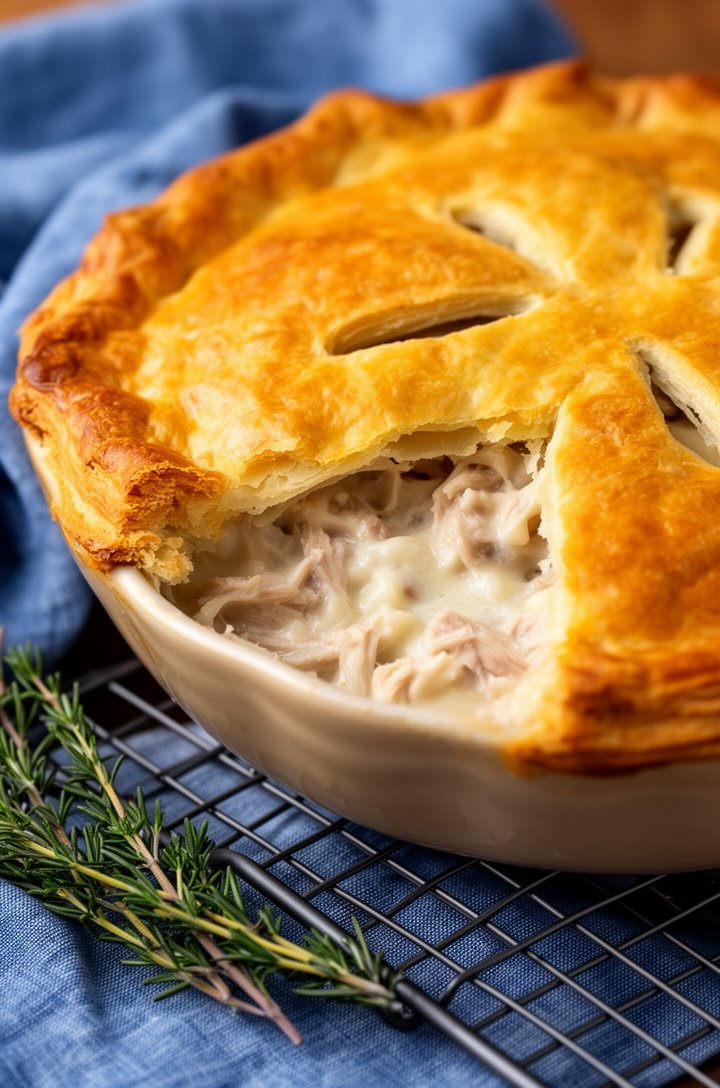 Close-up side-angle shot of the finished golden-brown turkey pot pie just out of the oven, sitting on a wire cooling rack. The egg-washed top crust is a deep amber gold with flaky, shattering layers. Creamy filling is visibly bubbling through the vent slits. Warm kitchen lighting, a blue linen napkin and fresh thyme sprigs beside the pie dish, shallow depth of field