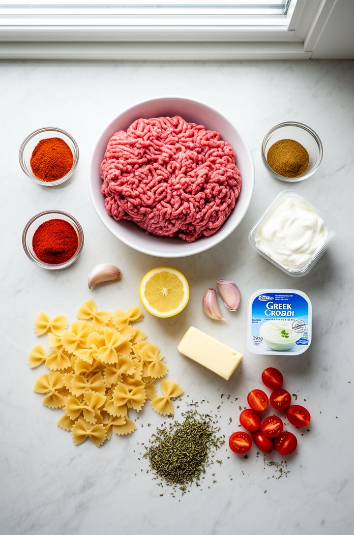 Overhead flat-lay of all Turkish pasta ingredients arranged on a light marble countertop — a bowl of raw ground beef, small glass bowls of sweet paprika and cumin, a halved lemon, two garlic cloves, a
