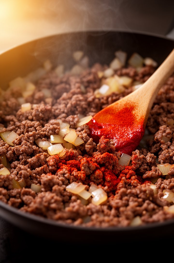 Close-up 45-degree angle shot of seasoned ground beef cooking in a dark skillet, broken into small crumbles with a wooden spoon visible, diced onions mixed in and turning translucent, red-tinged from 