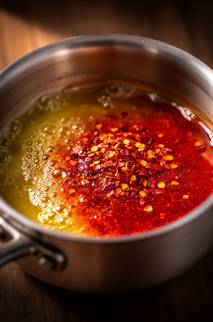 Close-up macro shot of paprika butter being made in a small silver saucepan, melted golden butter turning deep red-orange as sweet paprika and red pepper flakes bloom in the hot fat, tiny bubbles form